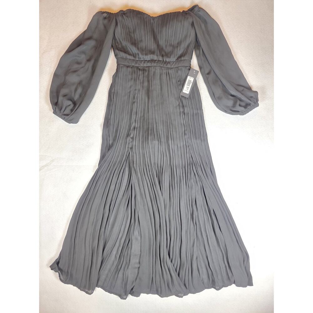 🖤 BEBE Black Pleated Chiffon Off-Shoulder Midi Dress | Size XS | NWT